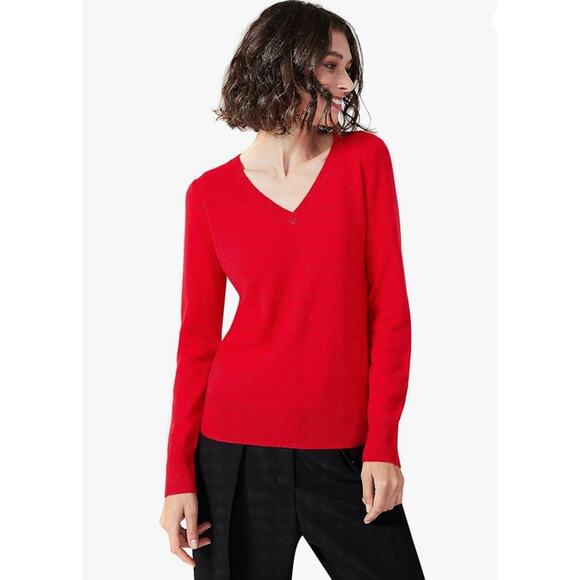 Camaieu Valentine's Cherry Red Vneck Cashmere Sweater Sm Classic Chic Minimal - Picture 1 of 9